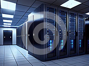 Data Center Server Room, Supercomputer Datacenter, Abstract Generative AI Illustration