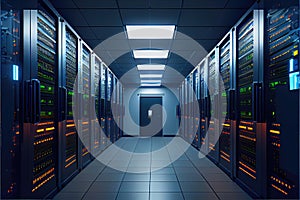 Data Center Server Room, Supercomputer Datacenter, Abstract Generative AI Illustration