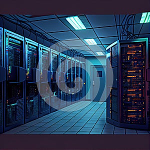 Data Center Server Room, Supercomputer Datacenter, Abstract Generative AI Illustration