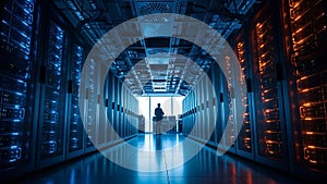 Data center server room with technician and illuminated racks