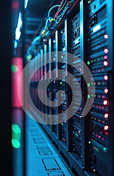 Data center server rows with multiple machines, networking equipment. Rack servers in modern infrastructure. Data storage