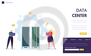 Data Center Server Staff Landing Page. Business Character Support Datacenter with Laptop Computer Database Hosting