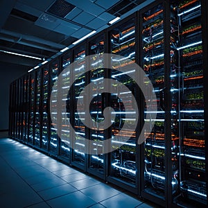 Data Center with Servers and Blinking Lights Powering Cloud Computing