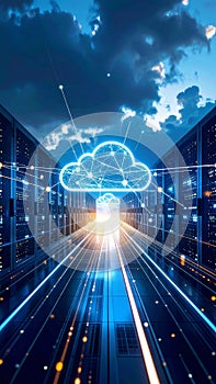 Data center servers with glowing cloud computing concept and network connections