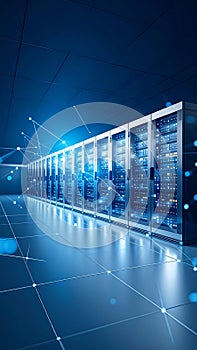 Data Center Servers with Glowing Connections on Floor