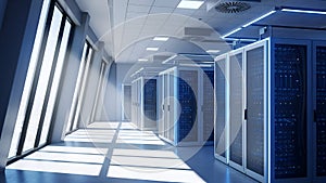 Data Center Servers Modern Server Room, Cloud Computing