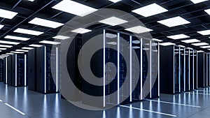 Data Center Servers Modern Server Room, Cloud Computing, Network