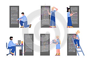 Data center servers and staff set of cartoon vector illustrations isolated.