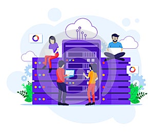 Data Center Services concept, People using laptops managing files data in front of giant servers flat vector illustration
