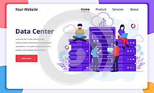 Data Center Services concept, People using laptops managing files data in front of giant servers. Modern flat landing page design