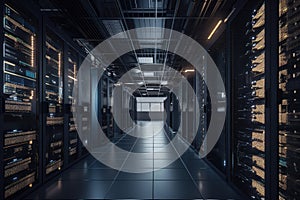 data center with stacks of high-density storage systems and networking gear