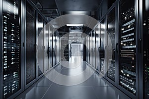 data center with stacks of high-density storage systems and networking gear