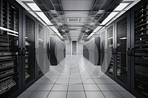 data center with stacks of high-density storage systems and networking gear