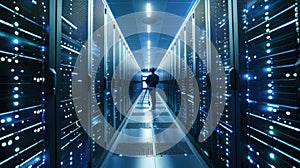 A data center with a team of IT professionals working