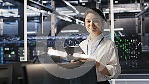 Data center team of technicians working on neural network software development