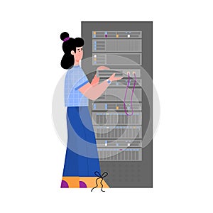 Data center technician controls servers work, flat vector illustration isolated.