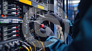 A data center technician handling equipment with an electric blue wrist gesture. AIG41