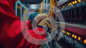 A data center technician handling equipment with an electric blue wrist gesture. AIG41