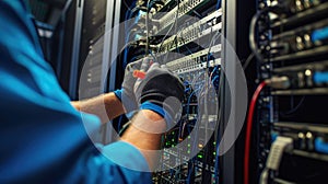 A data center technician handling equipment with an electric blue wrist gesture. AIG41