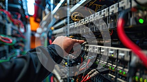 A data center technician handling equipment with an electric blue wrist gesture. AIG41