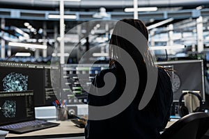 Data center technician uses AI visualization tool on PC to oversee tasks