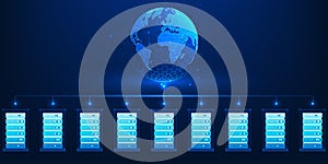 Data Center Technology Background with Server Racks Connecting Global Data Transmission via Internet Network, Cloud Computing