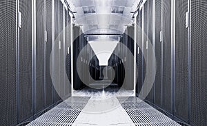 Data center with two rows of computers in white room