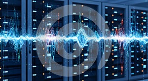 Data centers connected by a vibrant digital network visualization