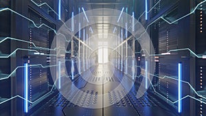 Data centers with people working are technology-connected and mining AI. Server racks in computer network security server room