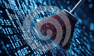 Data cleaning process represented by broom sweeping through binary code