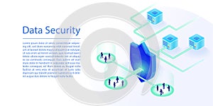 Data cloud computing security concept. 3D isometric vector illustration of a cloud data center protected by IT security shield