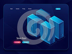 Data cloud storage banner, icon of connection at remote file warehouse, technology object, data science, server room and