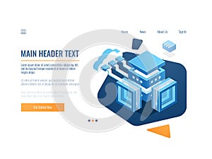 Data cloud storage banner, icon of connection at remote file warehouse, technology object, data science, server room and