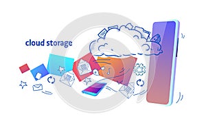Data cloud storage mobile app online synchronization security database concept horizontal sketch doodle