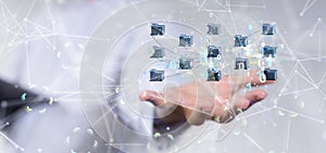 Data cloud storage network from lines, triangles and particle style design.