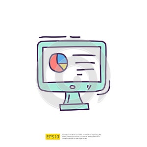 data collection and analysis concept doodle icon with graphic chart on pc screen monitor. Statistics science technology, machine