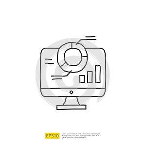 data collection and analysis concept doodle linear icon with graphic chart on pc screen monitor. Statistics science technology,