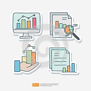data collection and analysis concept doodle sticker icon set vector illustration. Statistics science technology, machine learning