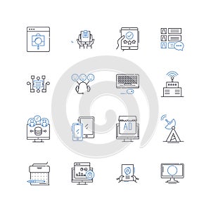 Data computing line icons collection. Analytics, Big data, Clustering, Dashboards, Databases, Descriptive photo