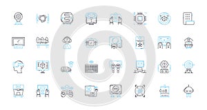 Data computing linear icons set. Analytics, Statistics, Algorithms, Machine learning, Visualization, Big data, Mining
