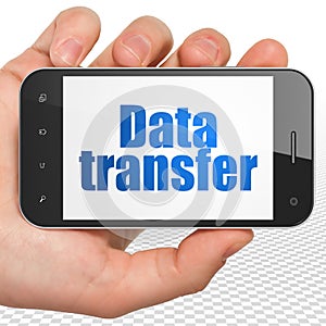 Data concept: Hand Holding Smartphone with Data Transfer on display