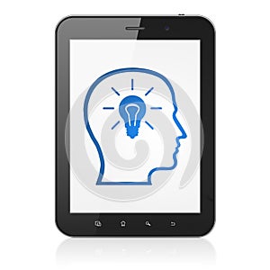 Data concept: Head With Lightbulb on tablet pc computer