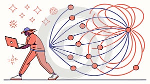 Data connection network: Person with laptop connecting nodes. vector design Generative AI