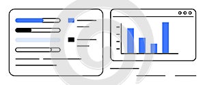 Data Dashboard with Bar Graphs and Progress Charts for Performance Metrics Analysis