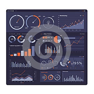 Data dashboard featuring dark theme with interactive visualizations. Displays various