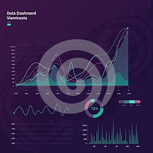 Data dashboard featuring a line graph, pie chart, bar chart, and wave chart. The line