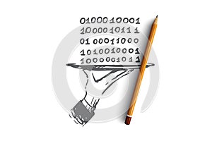 Data, digital, abstract, code, binary concept. Hand drawn isolated vector.