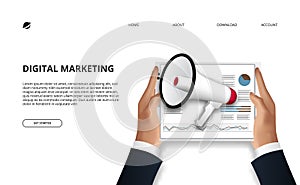 Data of digital marketing concept with illustration of hand holding tablet with data chart and megaphone for promotion advertising