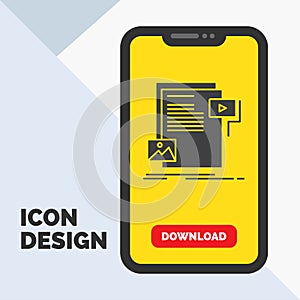 data, document, file, media, website Glyph Icon in Mobile for Download Page. Yellow Background