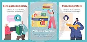 Data and Document Protection, Privacy Cartoon Banners. Tiny Characters with Huge Video, Photo Files, Folders, Shield